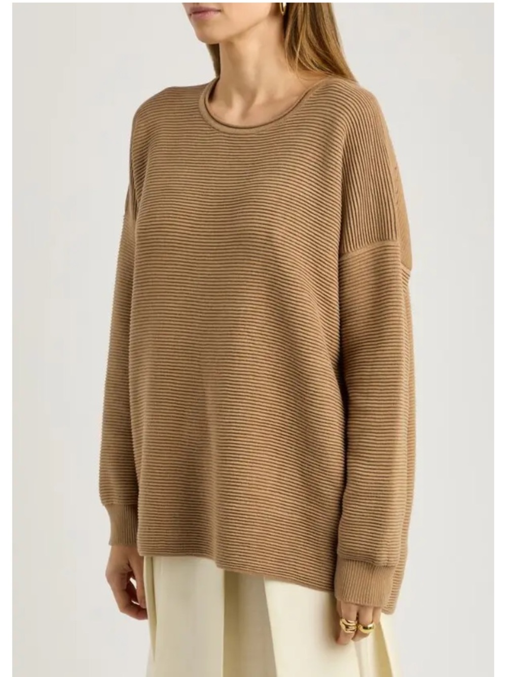 EILEEN FISHER Camel Ribbed Organic Cotton-Blend Crewneck Sweater